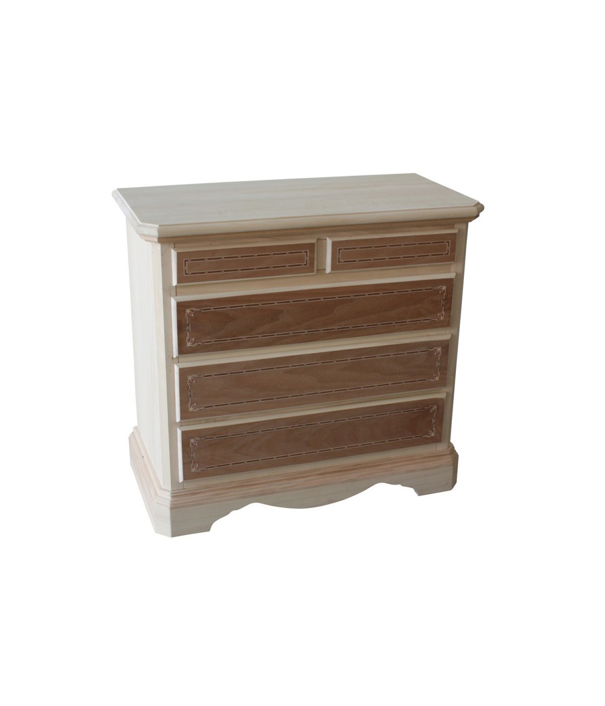 MOBILI 2G -  Cassettiera classica 5 cassetti intarsi legno grezzo 90x45x84 vista frontale