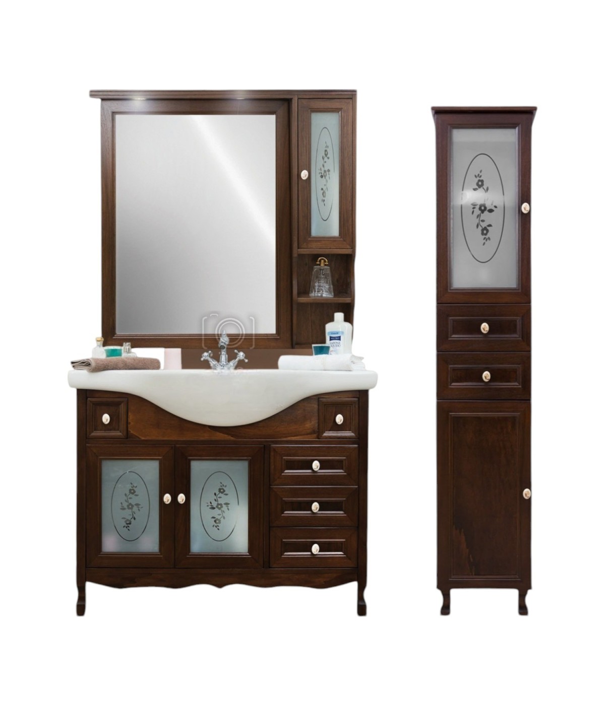 MOBILI 2G - Mobile bagno Classico Sagomato con Colonna Legno Tinta Noce L.105 P.50 VISTA FRONTALE