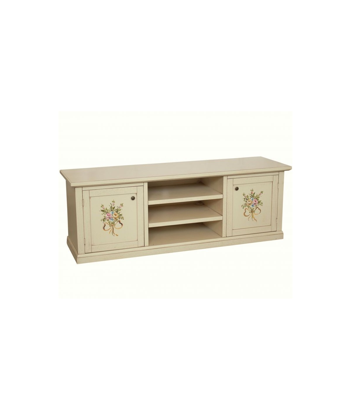 MOBILI 2G - Porta tv 2 ante legno shabby avorio decori 160x46x56 VISTA FRONTALE