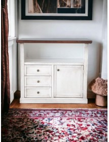 MOBILI 2G - Porta tv 1 anta 3 cassetti legno shabby bianco anticato noce 84x40x80 VISTA FRONTALE