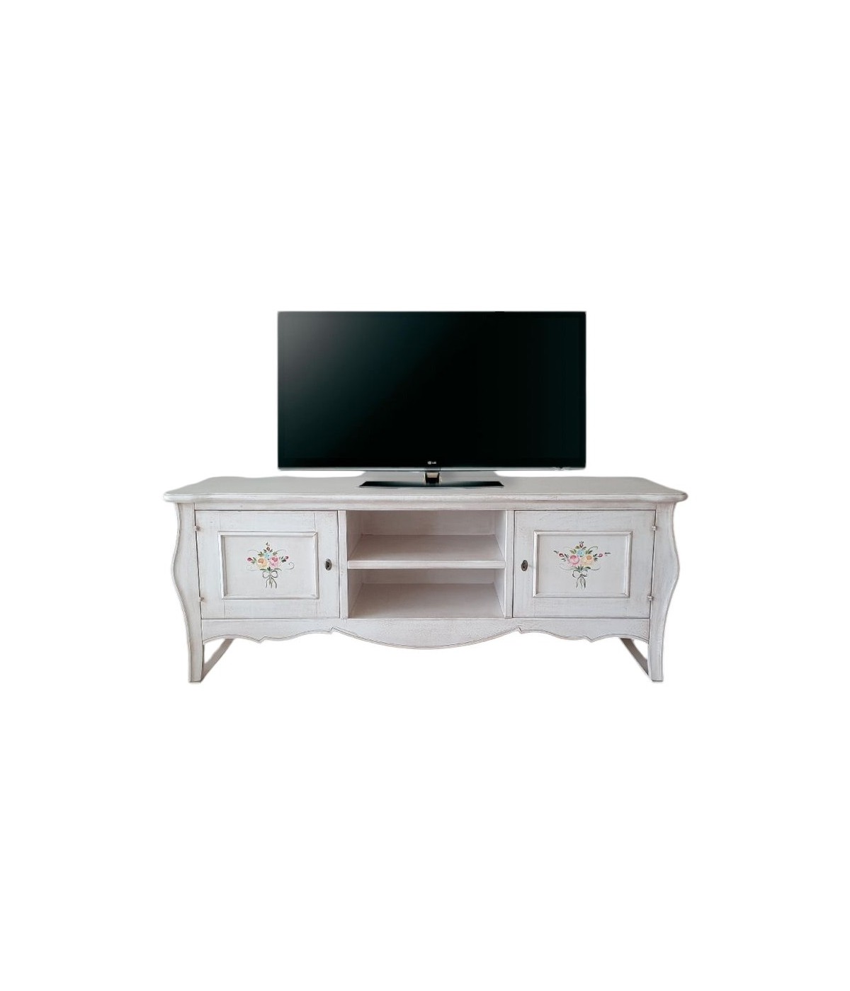 MOBILI 2G - Porta tv legno shabby bianco anticato decori 160X50X61VISTA FRONTALE