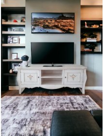 MOBILI 2G - Porta tv legno shabby bianco anticato decori 160X50X61VISTA FRONTALE