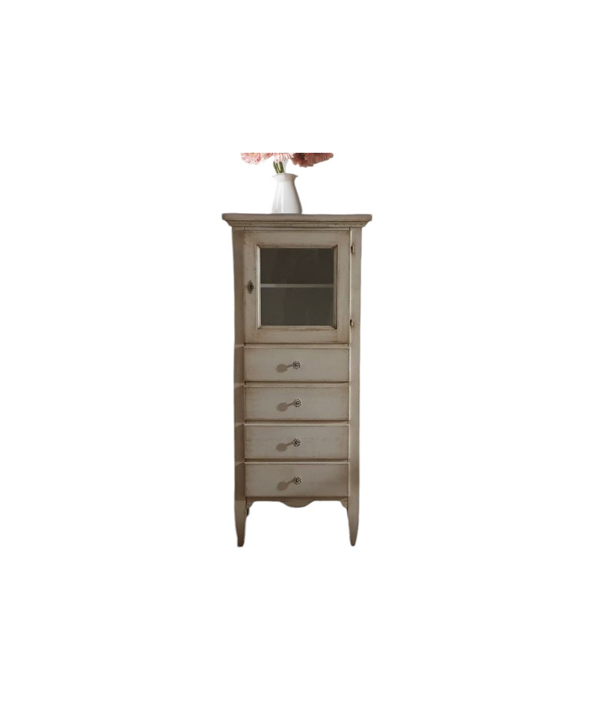 MOBILI 2G - Vetrina 1 anta 4 cassetti in Legno shabby bianco decapè 90X45X120 VISTA FRONTALE