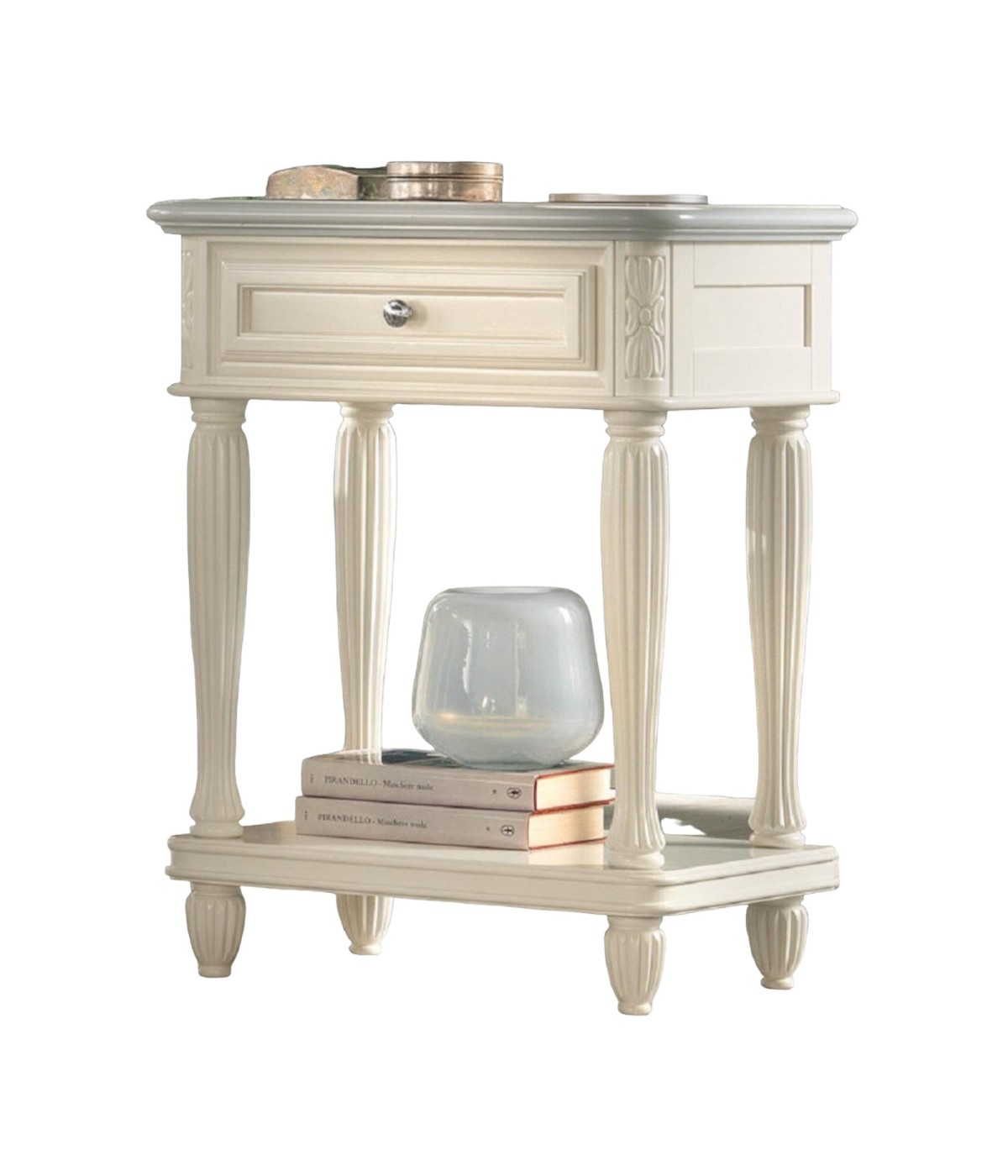 MOBILI 2G - COMODINO 1 CASSETTO INTAGLIATO IN LEGNO GREZZO L.55 P.37 H.71 VISTA FRONTALE
