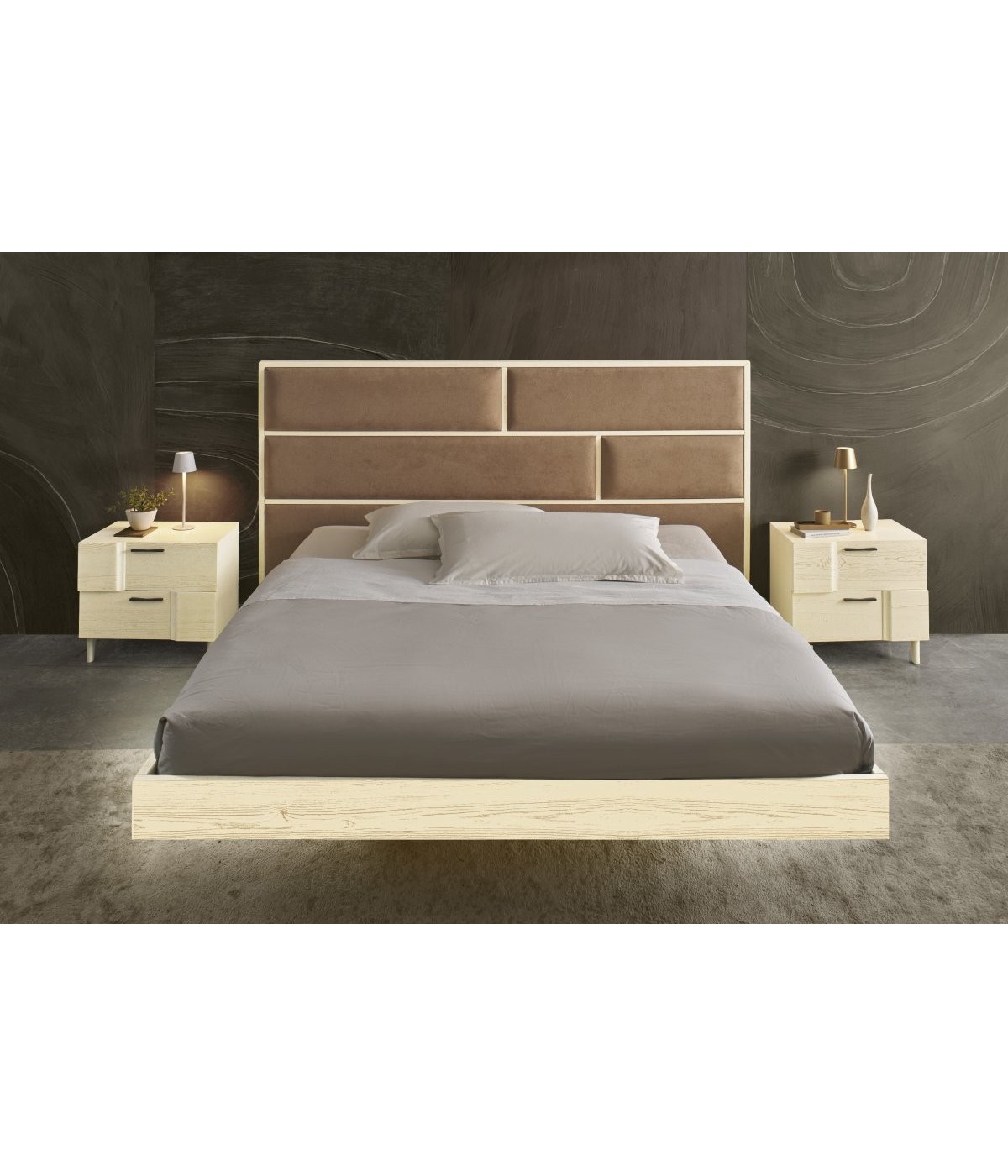 MOBILI 2G - Letto matrimoniale imbottito tessuto legno rovere 205X205X120 VISTA FRONTALE