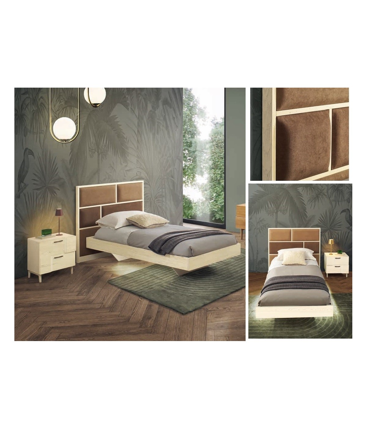 MOBILI 2G - Letto 1 piazza e mezzo imbottito tessuto legno rovere 150X205X110 vista frontale