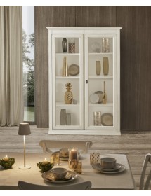 MOBILI 2G - Vetrina classica 2 porte legno bianco invecchiato 145X50X215 VISTA FRONTALE