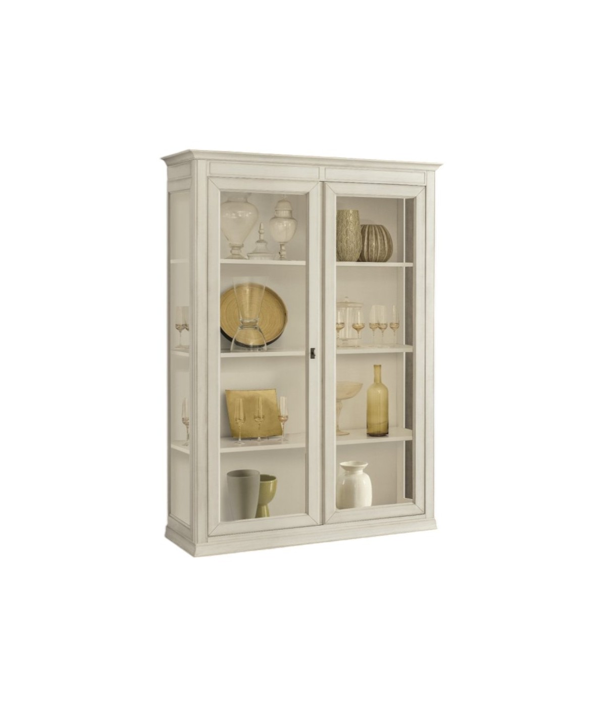 MOBILI 2G - Vetrina classica 2 porte legno bianco invecchiato 145X50X215 VISTA FRONTALE