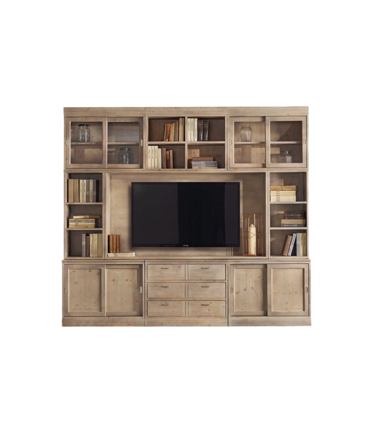 MOBILI 2G - Parete attrezzata porta tv contemporanea legno abete 285x46x255 VISTA FRONTALE