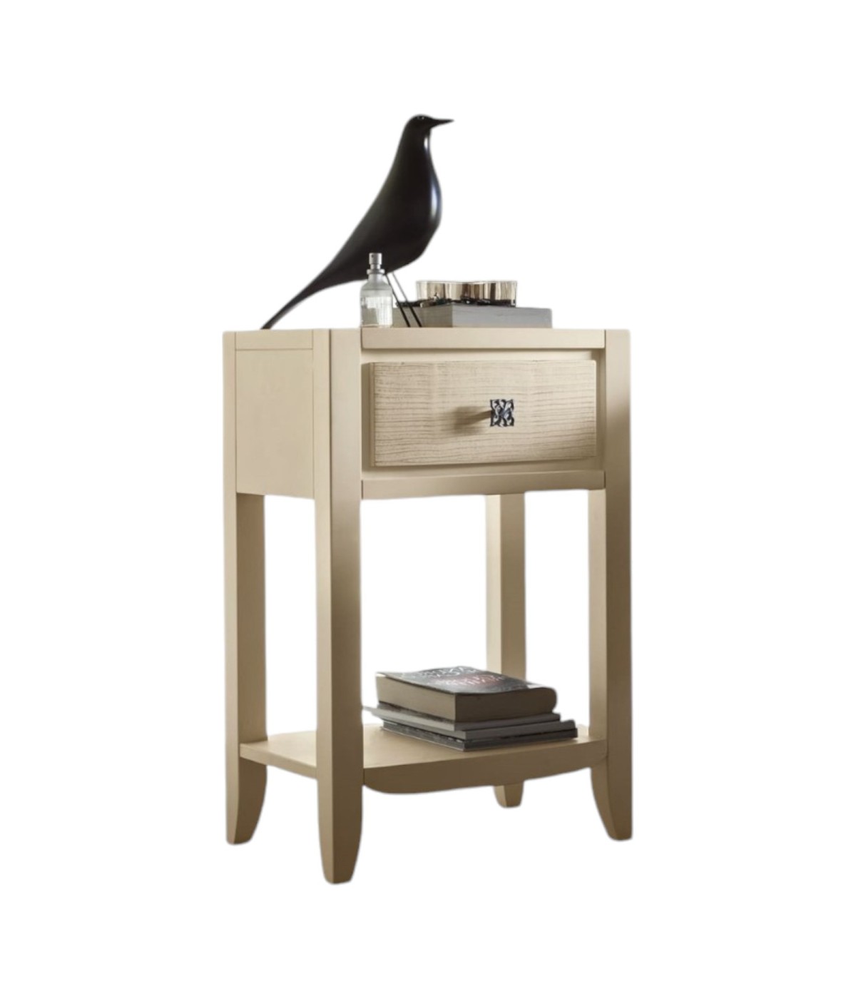 MOBILI 2G - COMODINO 1 CASSETTO DECORO ONDA IN LEGNO AVORIO L.44 P.33 H.67