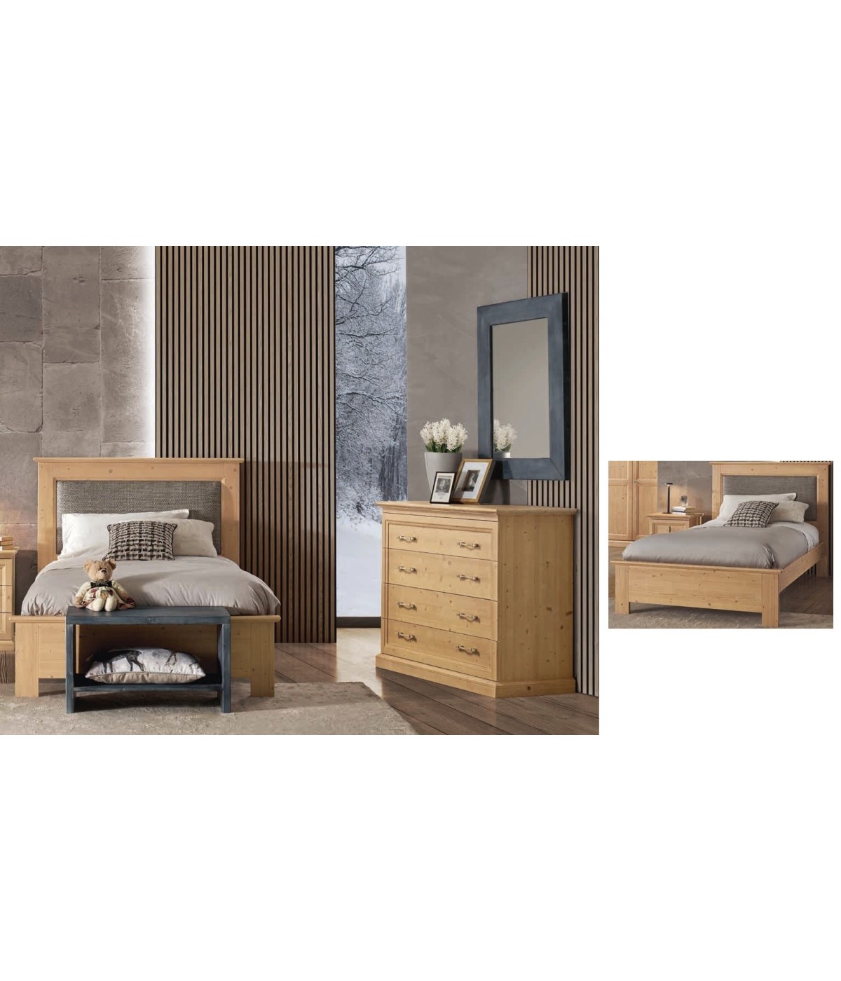 MOBILI 2G - Letto singolo imbottito tessuto legno abete 110X208X124 vista frontale