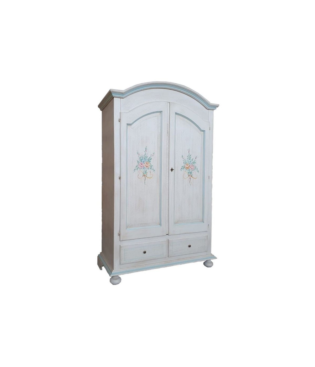 MOBILI 2G - Armadio shabby 2 porte legno bianco anticato filo azzurro 125x61x200 vista frontale
