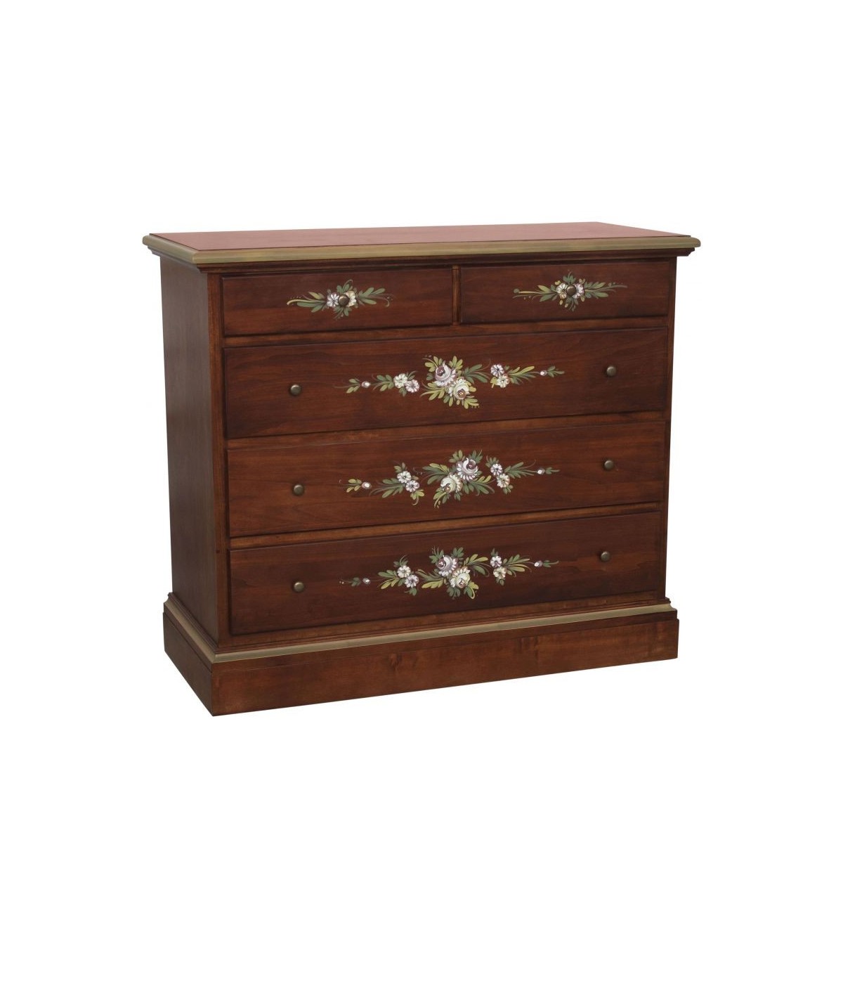 MOBILI 2G - Cassettiera arte povera 5 cassetti legno noce scuro decori 117x51X101 vista frontale