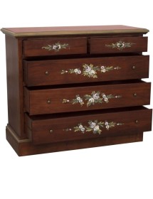 MOBILI 2G - Cassettiera arte povera 5 cassetti legno noce scuro decori 117x51X101 vista frontale