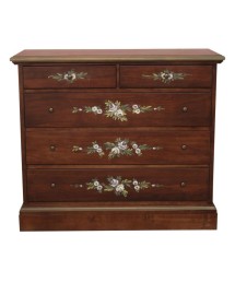 MOBILI 2G - Cassettiera arte povera 5 cassetti legno noce scuro decori 117x51X101 vista frontale