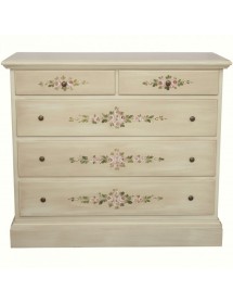 MOBILI 2G - Cassettiera 5 cassetti legno shabby avorio anticato decori 117x51X101 vista frontale