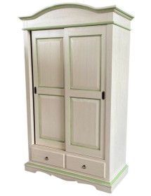 MOBILI 2G - Armadio 2 ante scorrevoli legno shabby avorio anticato filo verde 122X59X200 VISTA FRONTALE