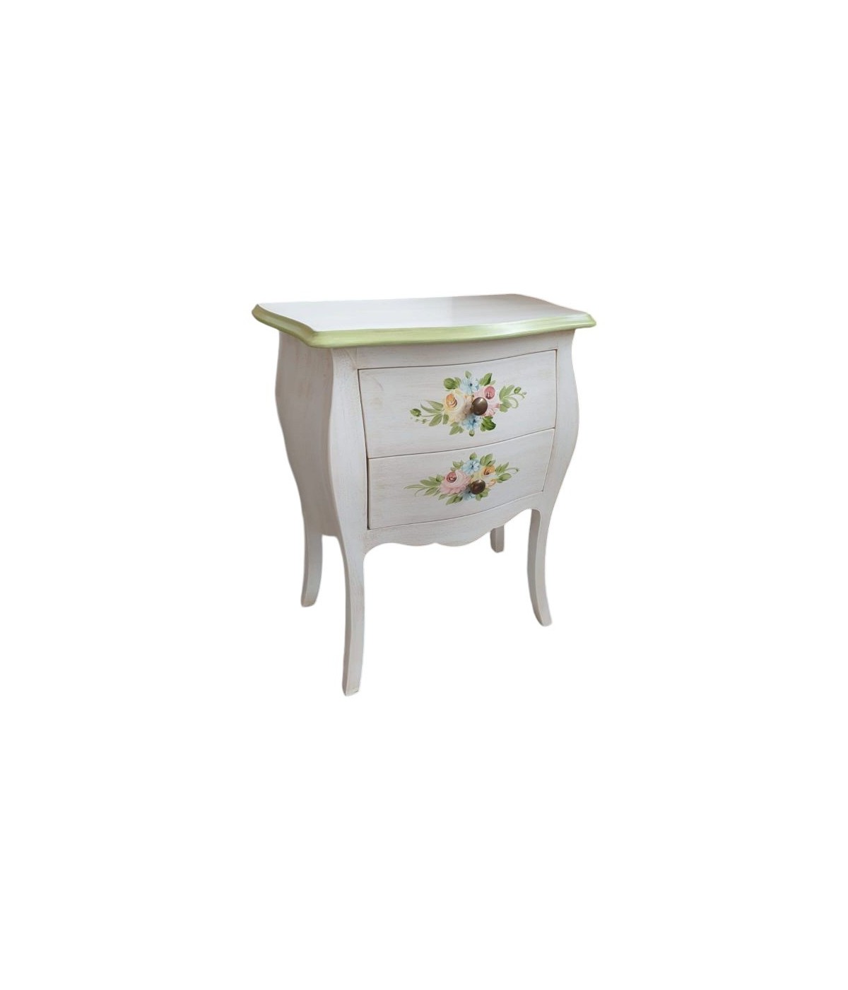 MOBILI 2G - Comodino Legno shabby bianco anticato decori filo verde 50x30x60 VISTA FRONTALE