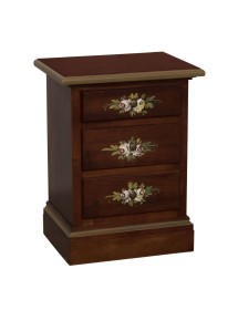 MOBILI 2G - Comodino arte povera 3 cassetti legno noce scuro decori 50x38x65 VISTA FRONTALE