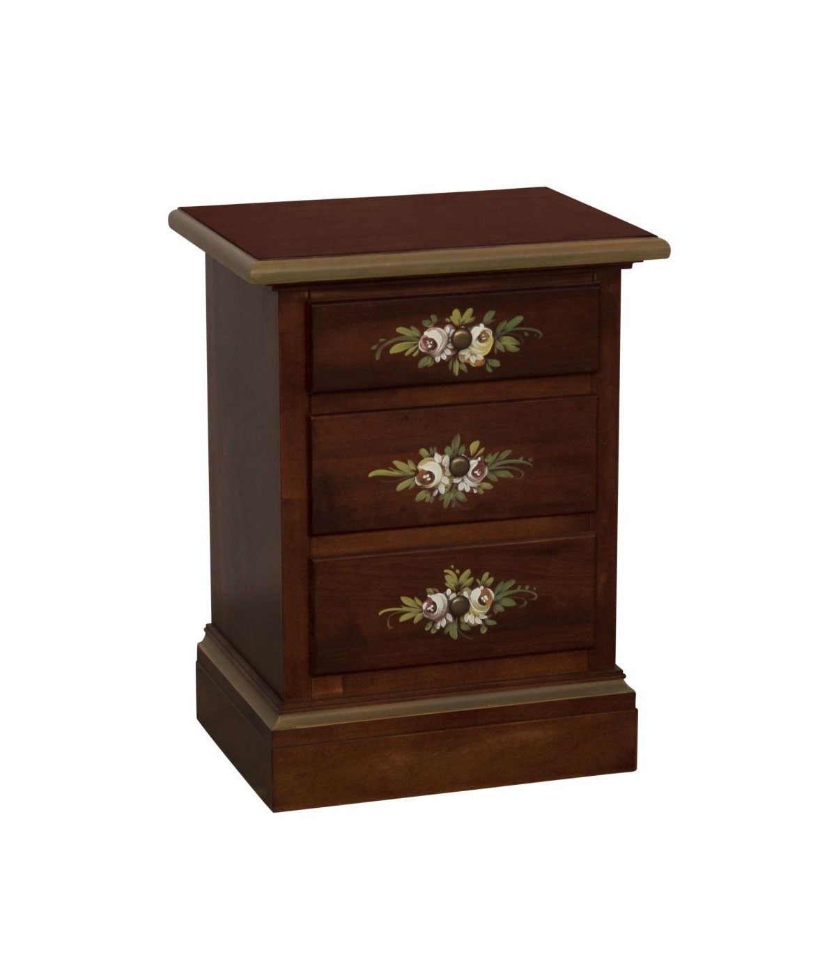 MOBILI 2G - Comodino arte povera 3 cassetti legno noce scuro decori 50x38x65 VISTA FRONTALE