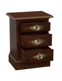 MOBILI 2G - Comodino arte povera 3 cassetti legno noce scuro decori 50x38x65 VISTA FRONTALE