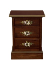 MOBILI 2G - Comodino arte povera 3 cassetti legno noce scuro decori 50x38x65 VISTA FRONTALE