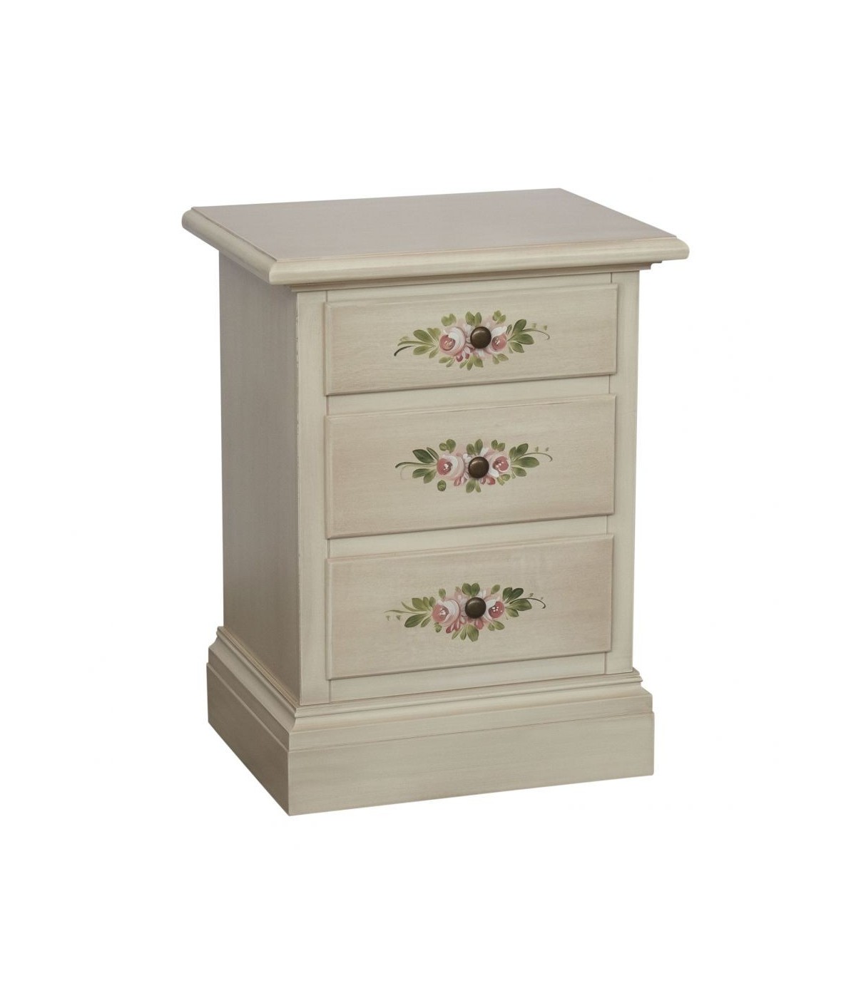 MOBILI 2G - Comodino 3 cassetti legno shabby bianco anticato decori 50x38x65 VISTA FRONTALE