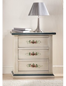 MOBILI 2G - Comodino 3 cassetti legno shabby bianco anticato decori filo azzurro 60x35x64 vista frontale