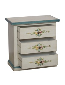 MOBILI 2G - Comodino 3 cassetti legno shabby bianco anticato decori filo azzurro 60x35x64 vista frontale