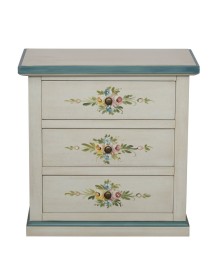 MOBILI 2G - Comodino 3 cassetti legno shabby bianco anticato decori filo azzurro 60x35x64 vista frontale
