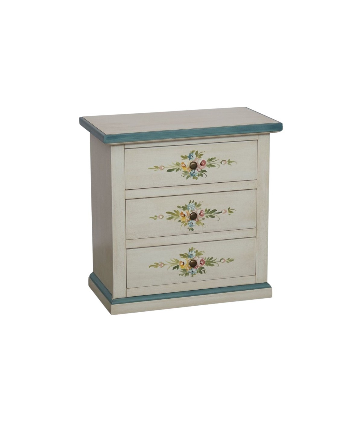 MOBILI 2G - Comodino 3 cassetti legno shabby bianco anticato decori filo azzurro 60x35x64 vista frontale