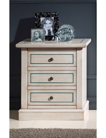 MOBILI 2G - Comodino 3 cassetti legno shabby bianco anticato decori filo azzurro 60x35x64 vista frontale