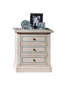 MOBILI 2G - Comodino 3 cassetti legno shabby bianco anticato decori filo azzurro 60x35x64 vista frontale