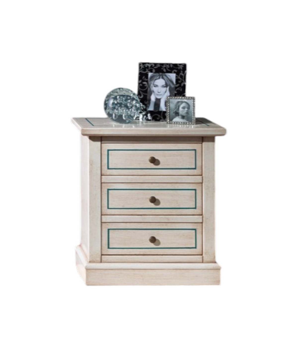 MOBILI 2G - Comodino 3 cassetti legno shabby bianco anticato decori filo azzurro 60x35x64 vista frontale