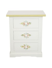 MOBILI 2G - Comodino 3 cassetti legno shabby bianco decori filo verde 60x35x64 vista frontale