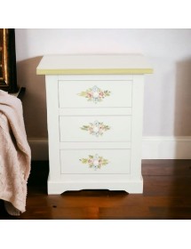 MOBILI 2G - Comodino 3 cassetti legno shabby bianco decori filo verde 60x35x64 vista frontale
