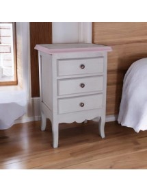 MOBILI 2G - Comodino 3 cassetti legno shabby bianco anticato decori filo rosa 42x34x64 vista frontale
