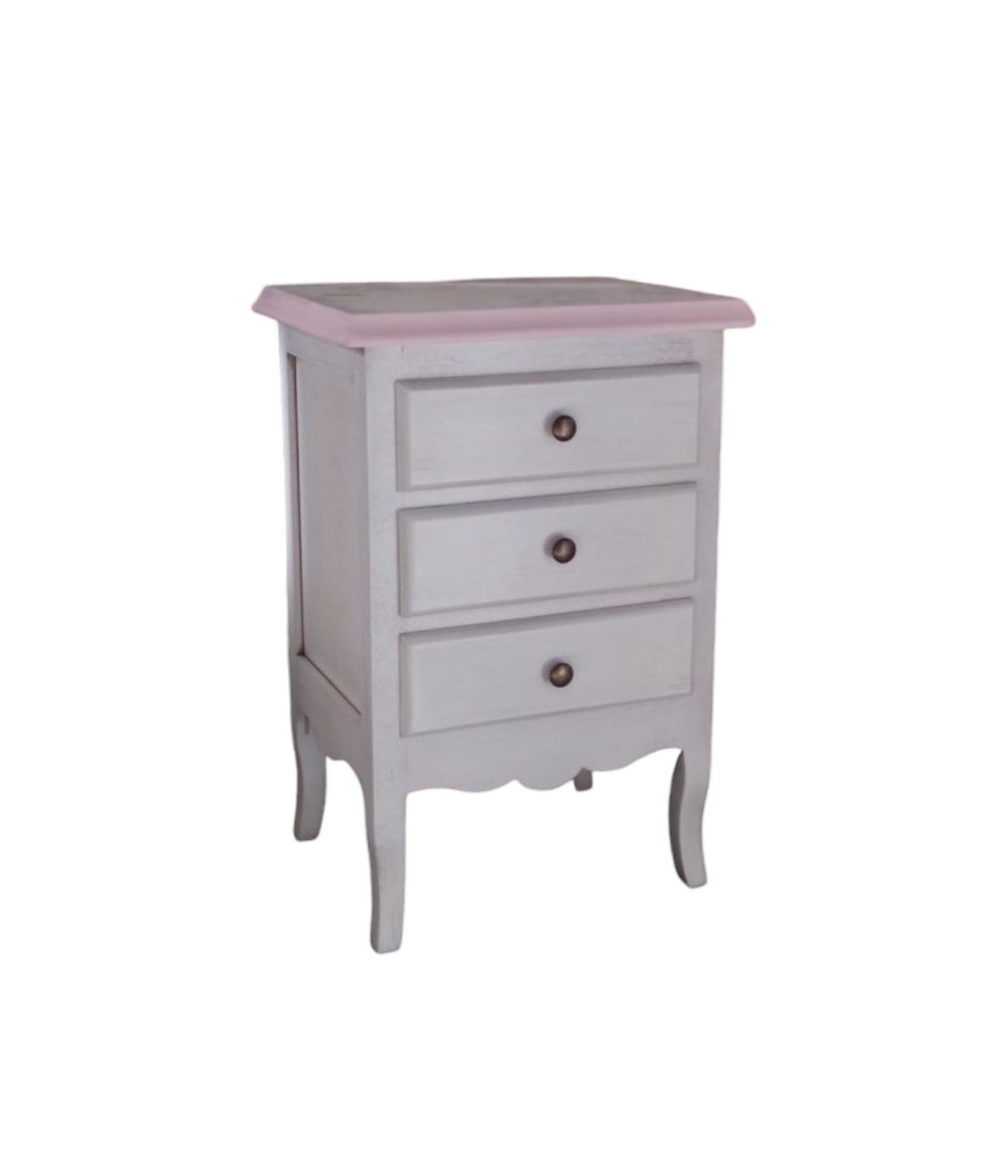 MOBILI 2G - Comodino 3 cassetti legno shabby bianco anticato decori filo rosa 42x34x64 vista frontale
