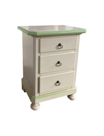 MOBILI 2G - Comodino 3 cassetti legno shabby avorio anticato decori filo verde 51x40x66 vista frontale
