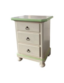 MOBILI 2G - Comodino 3 cassetti legno shabby avorio anticato decori filo verde 51x40x66 vista frontale