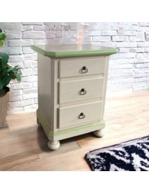 MOBILI 2G - Comodino 3 cassetti legno shabby avorio anticato decori filo verde 51x40x66 vista frontale