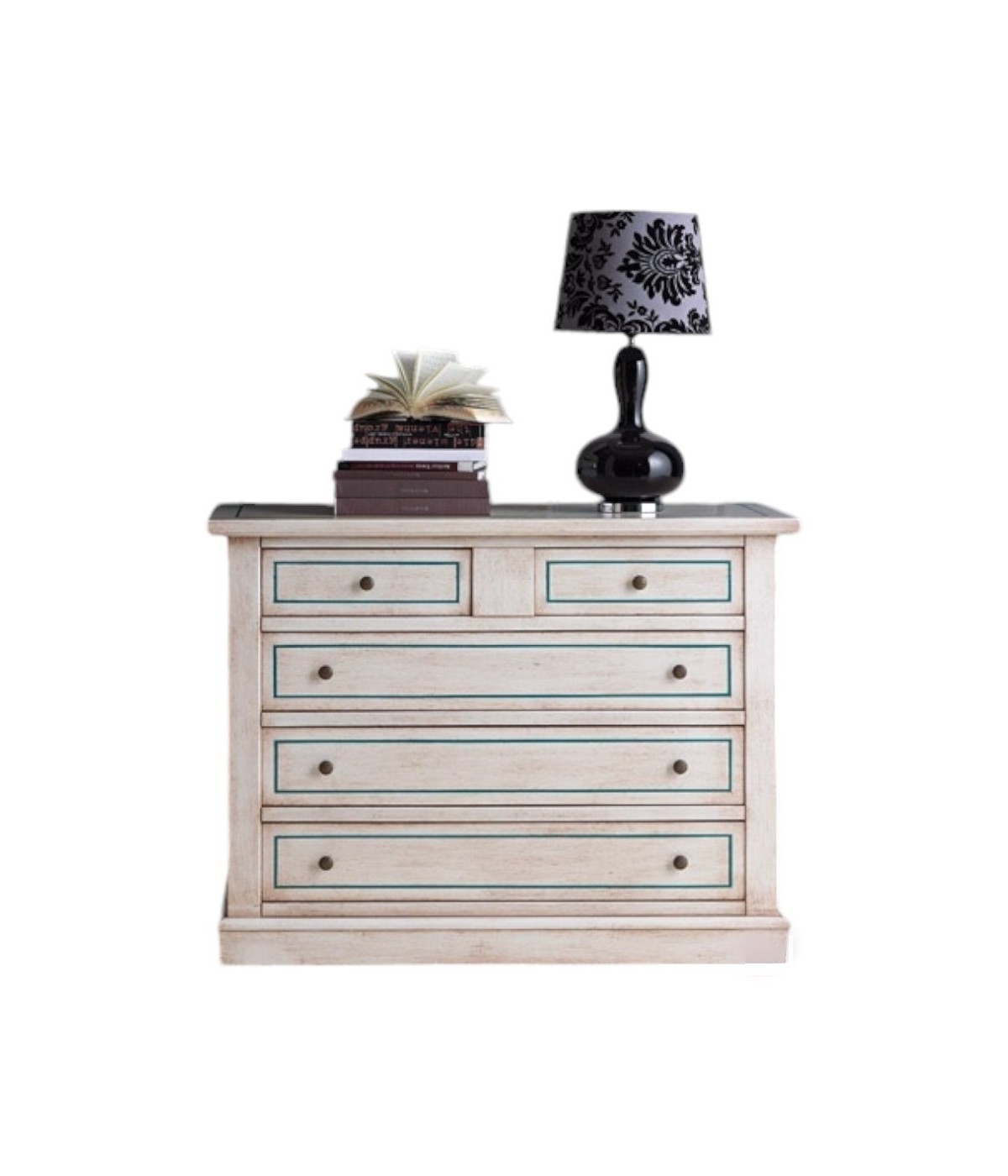 MOBILI 2G - Cassettiera 5 cassetti legno shabby bianco anticato filo azzurro 117x51X101 VISTA FRONTALE