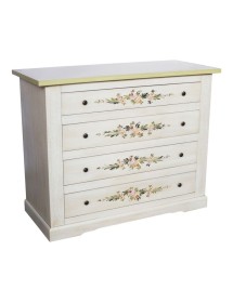 MOBILI 2G - Cassettiera 4 cassetti legno shabby bianco anticato decori filo verde 115x50X90 vista frontale