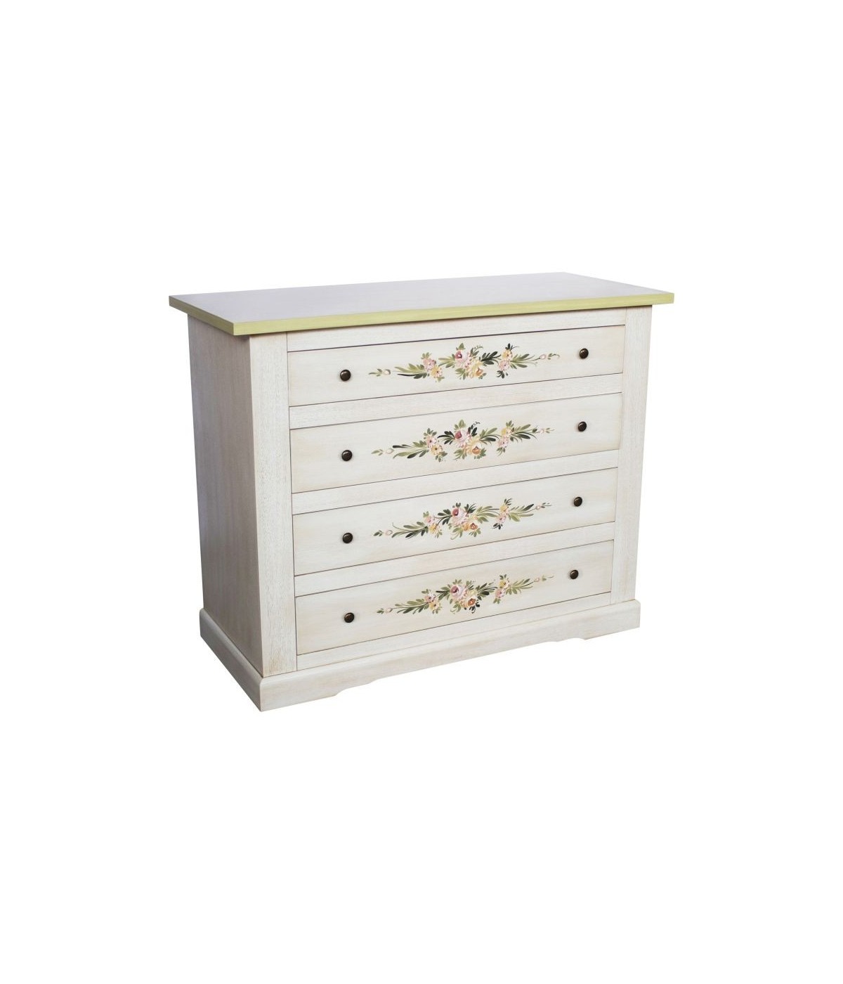 MOBILI 2G - Cassettiera 4 cassetti legno shabby bianco anticato decori filo verde 115x50X90 vista frontale