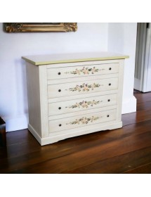 MOBILI 2G - Cassettiera 4 cassetti legno shabby bianco anticato decori filo verde 115x50X90 vista frontale