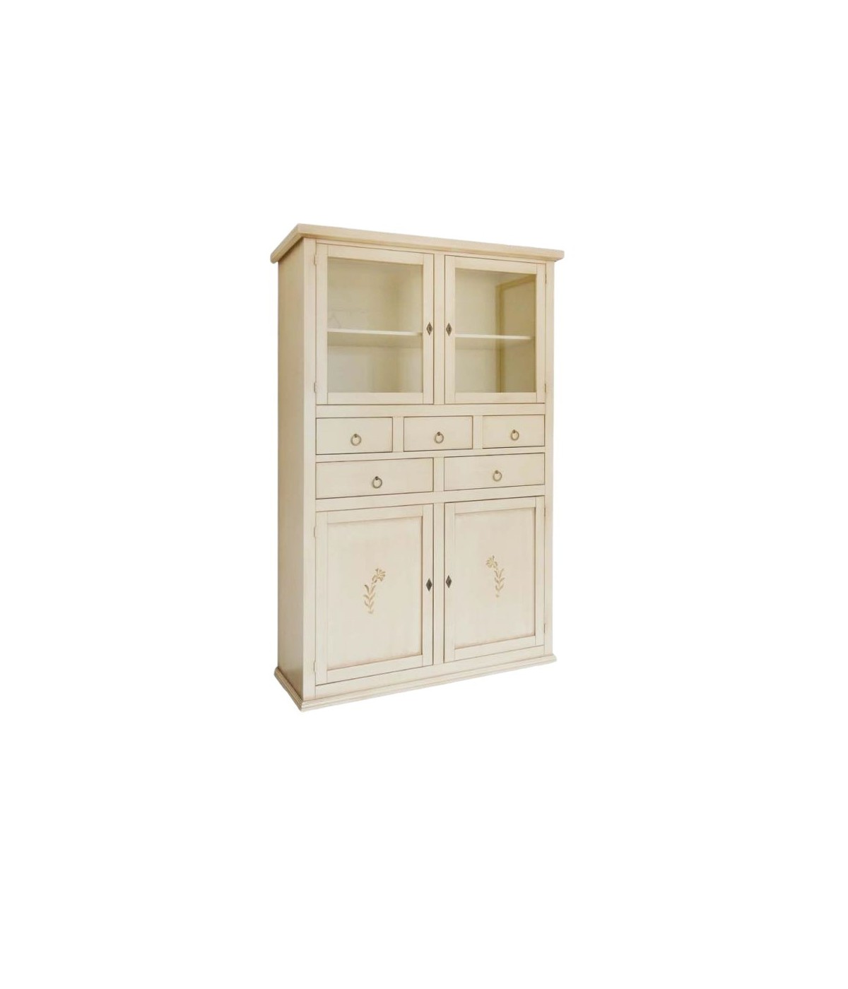 MOBILI 2G - Dispensa 4 porte 5 cassetti legno avorio anticato decori shabby 120x41x187 VISTA FRONTALE