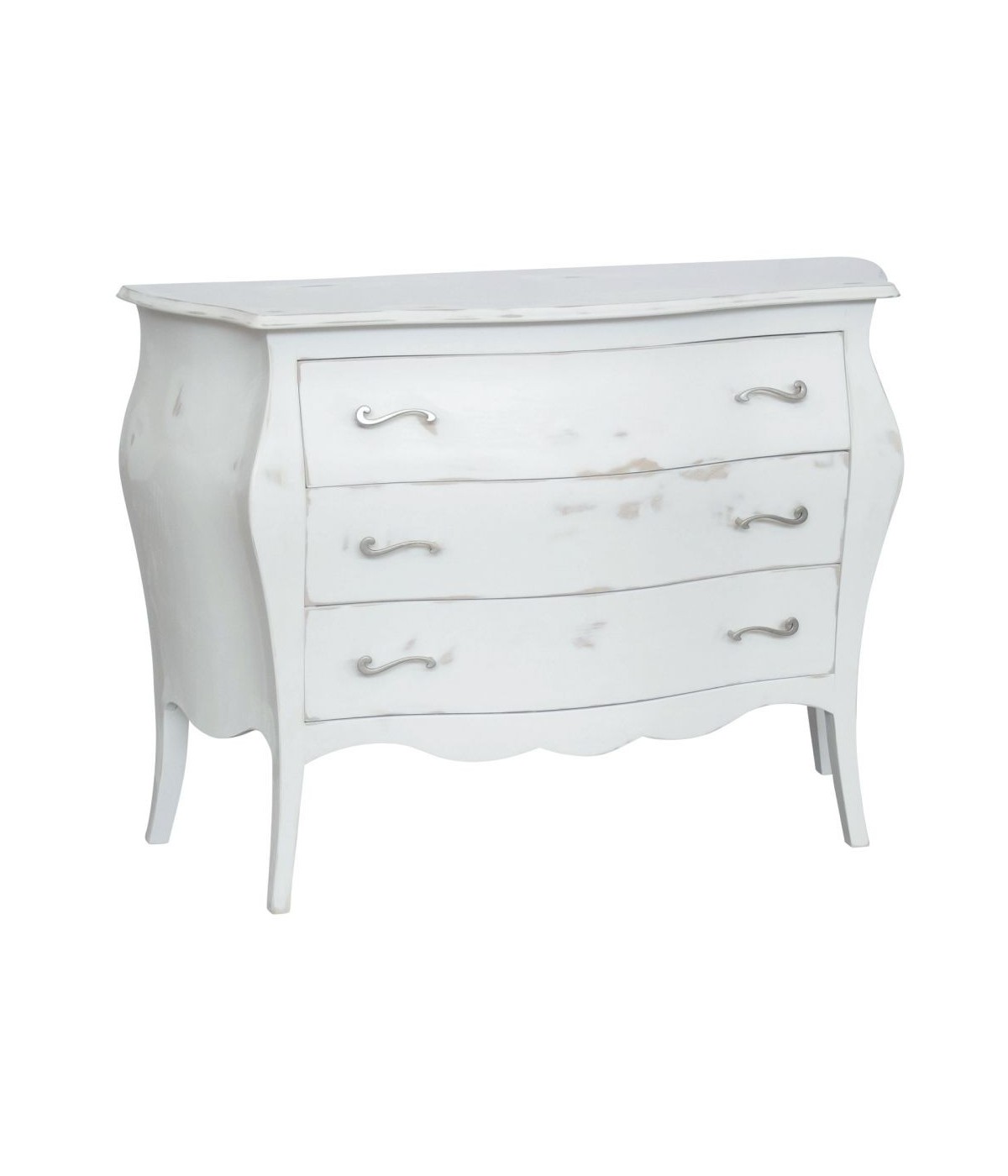 MOBILI 2G - Cassettiera 3 cassetti bombata legno shabby bianco consumato 116x45x85 vista frontale