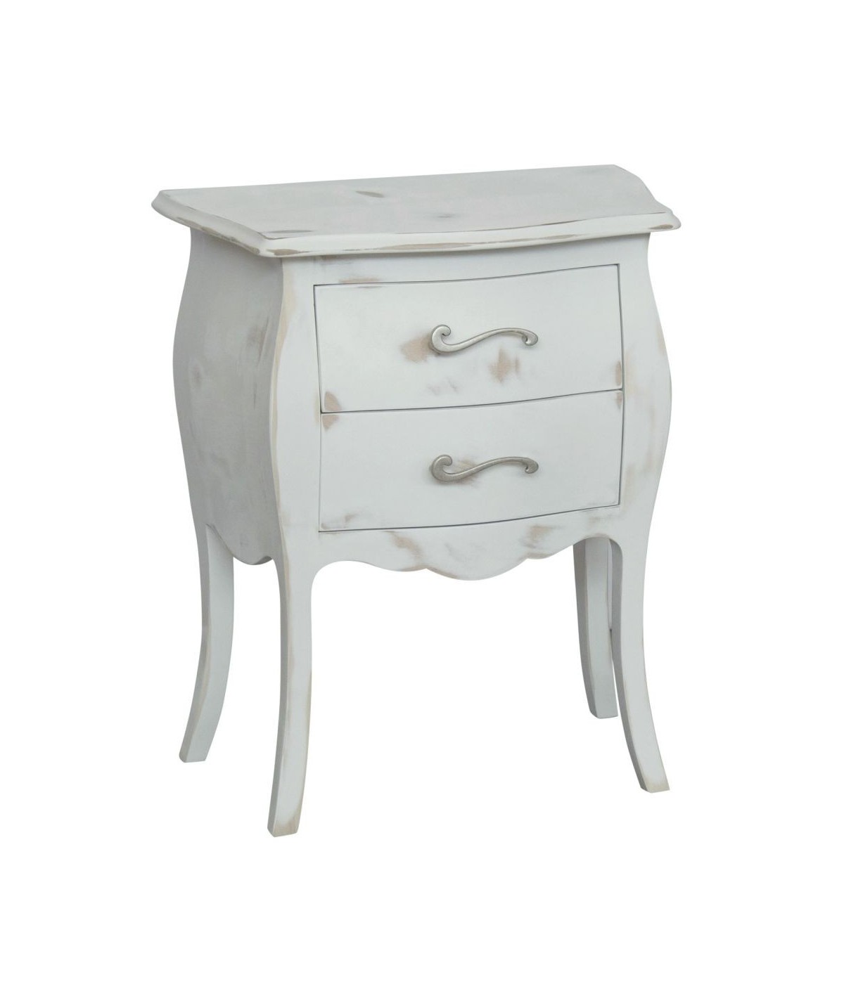 MOBILI 2G - Comodino 2 cassetti bombato legno shabby bianco consumato 50x30x60 vista frontale