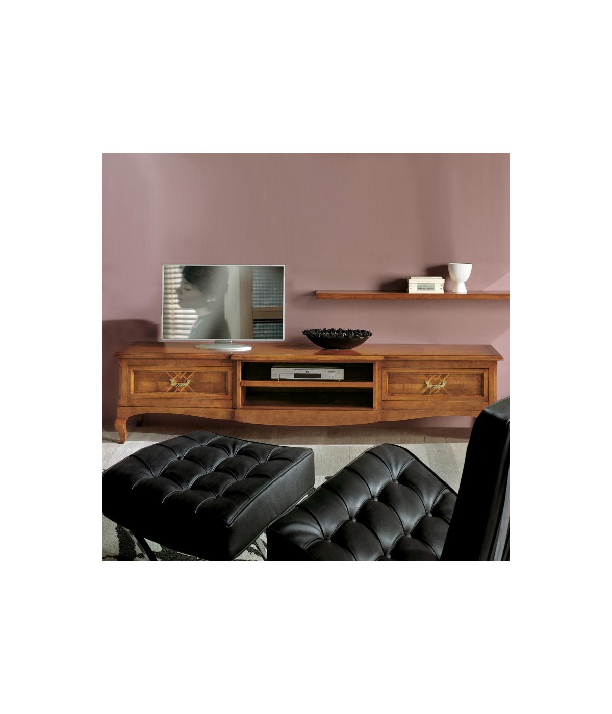 MOBILI 2G Porta tv classico 2 cassetti intarsio Legno bassano 200x55x52 vista frontale