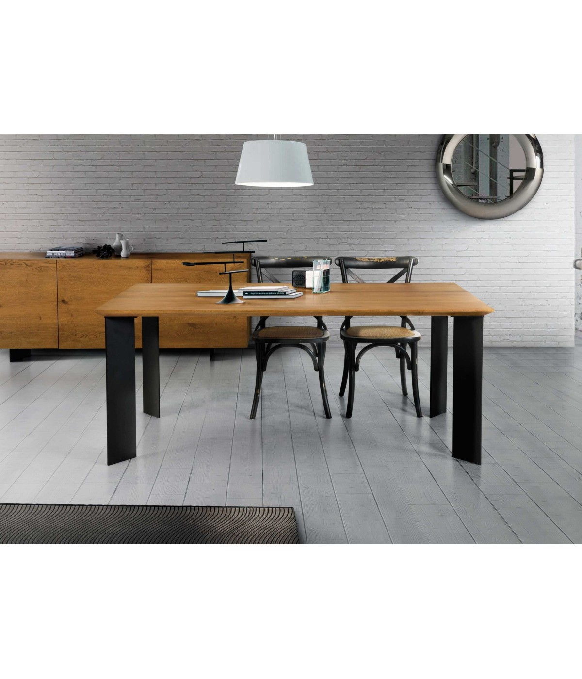 MOBILI 2G - TAVOLO FISSO IN LEGNO ROVERE NODATO 180x90 SPESSORE 4 cm GAMBE METALLO (1664) vista frontale